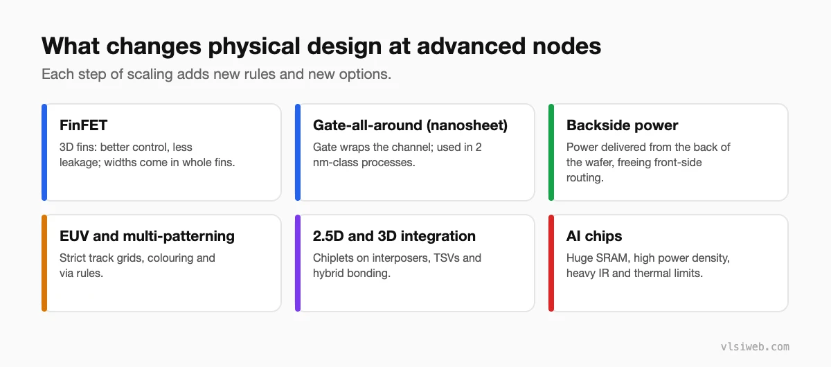 What changes physical design at advanced nodes: FinFET, gate-all-around, backside power, EUV and multi-patterning, 2.5D and 3D integration, AI chips