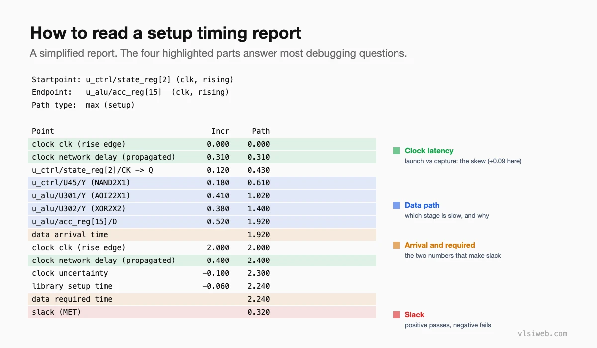 An annotated setup timing report showing clock latency, data path stages, arrival and required time, and slack