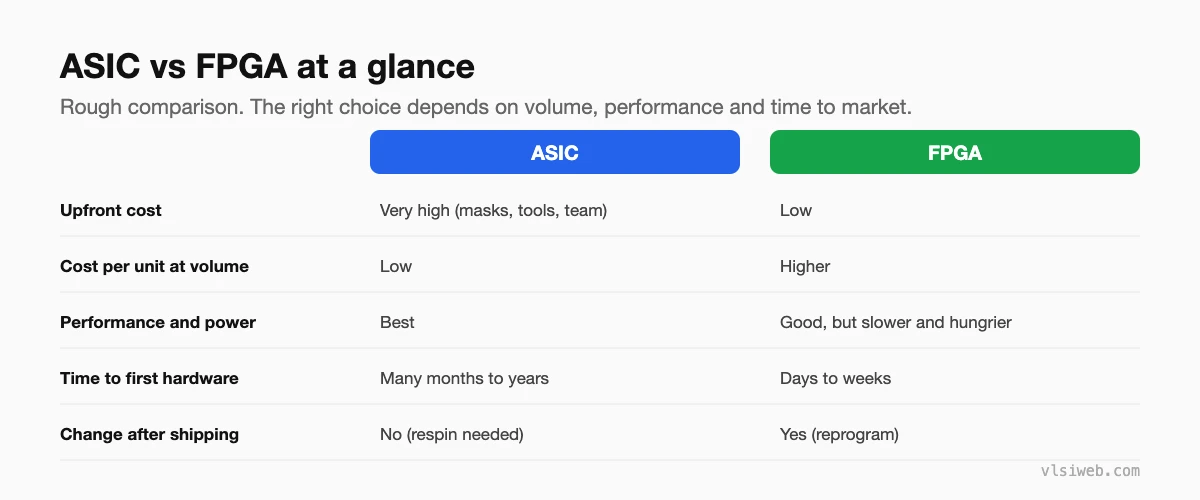ASIC vs FPGA compared on cost, performance, power, time to hardware and flexibility
