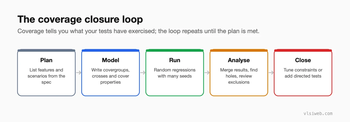 The coverage closure loop: plan, model, run, analyse, close