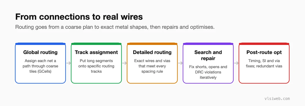Routing flow: global routing, track assignment, detailed routing, search and repair, post-route optimisation