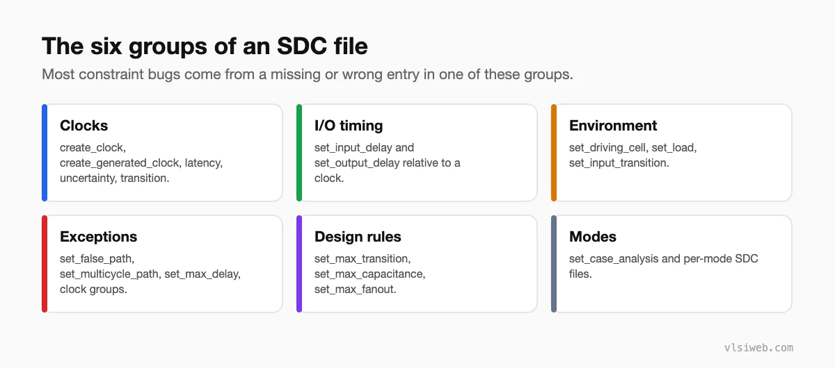 The six groups of SDC constraints: clocks, I/O timing, environment, exceptions, design rules and modes