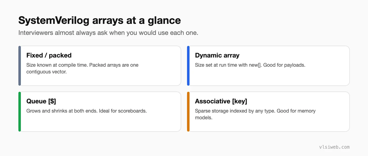 SystemVerilog arrays compared: fixed and packed arrays, dynamic arrays, queues and associative arrays