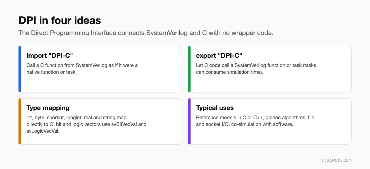 SystemVerilog DPI: import DPI-C, export DPI-C, type mapping between SystemVerilog and C, and typical uses
