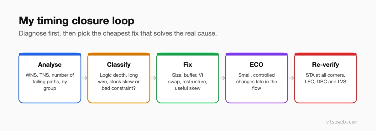 Timing closure loop: analyse, classify, fix, ECO, re-verify