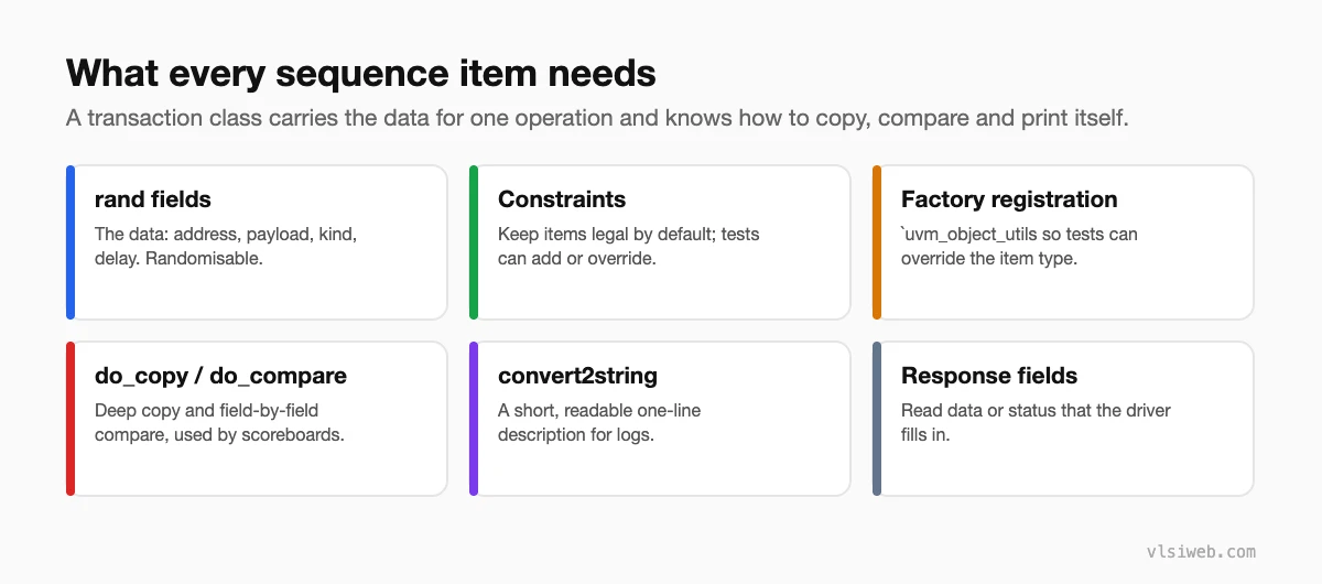 What a UVM sequence item needs: rand fields, constraints, factory registration, do_copy and do_compare, convert2string and response fields