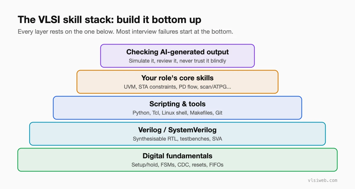 The VLSI skill stack: digital fundamentals at the base, then Verilog and SystemVerilog, scripting and tools, role-specific skills, and checking AI-generated output at the top
